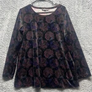 Woman Within Top Womens 14/16 Medium Black‎ Floral Roses Velvet Dark Romantic